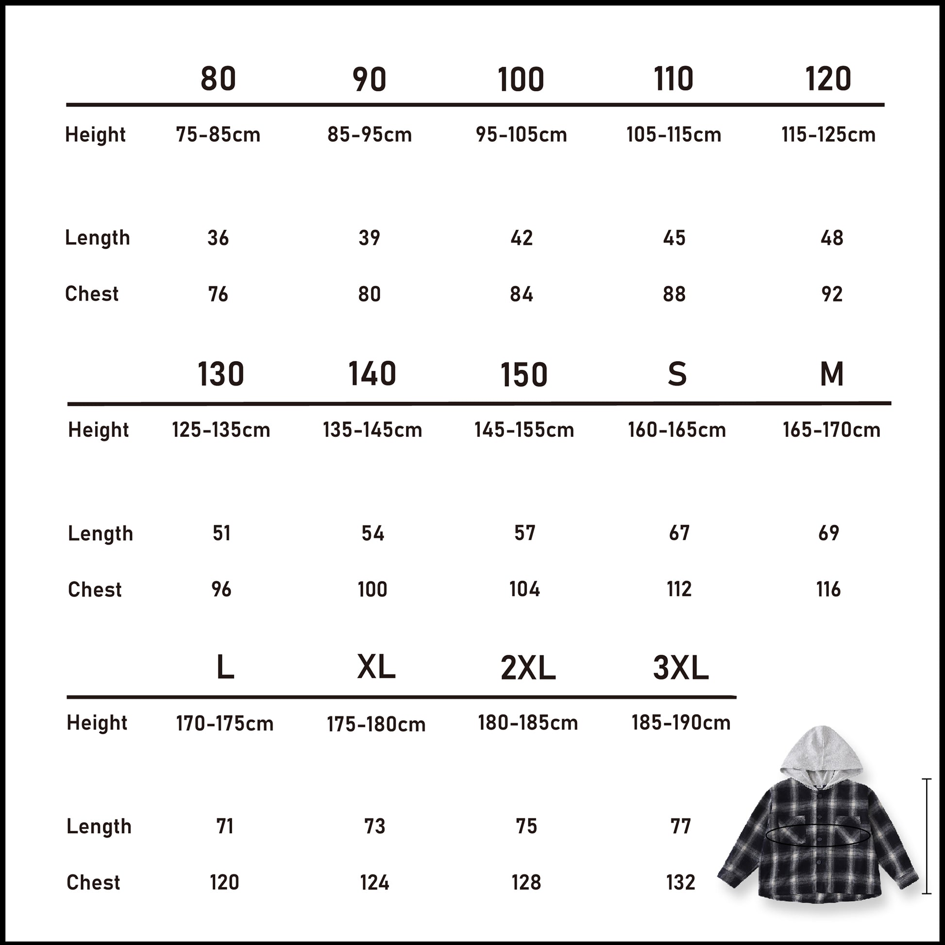 Metric size chart (cm) for the plaid hooded shirt in our matching family outfits range (80-3XL).