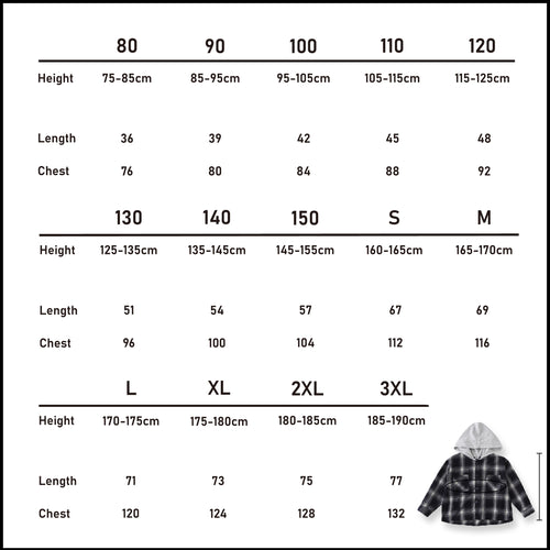 Metric size chart (cm) for the plaid hooded shirt in our matching family outfits range (80-3XL).