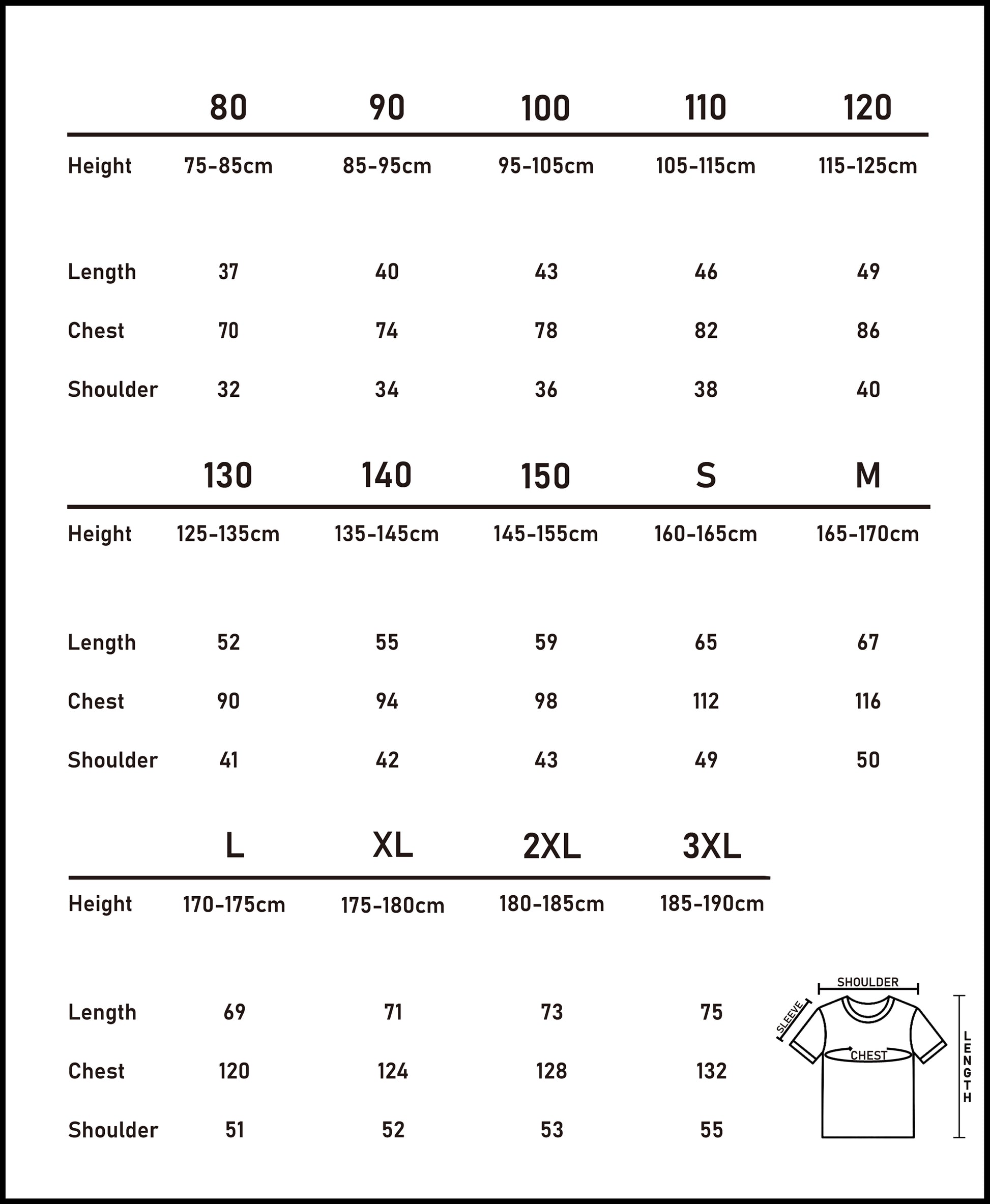 Metric size chart (cm) for the blue striped shirt in our matching family outfits range, covering sizes 80 to 3XL.