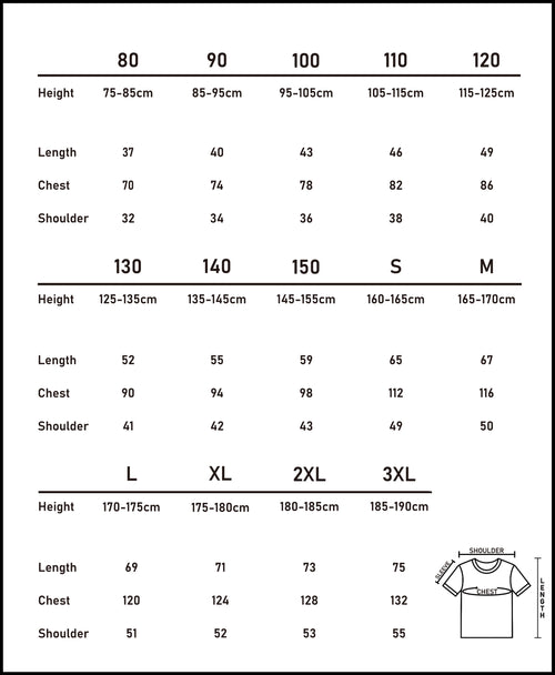 Metric size chart (cm) for the blue striped shirt in our matching family outfits range, covering sizes 80 to 3XL.