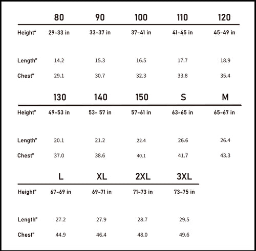 Accurate imperial size chart (inches) to ensure the perfect coordinated fit for all matching family outfits.