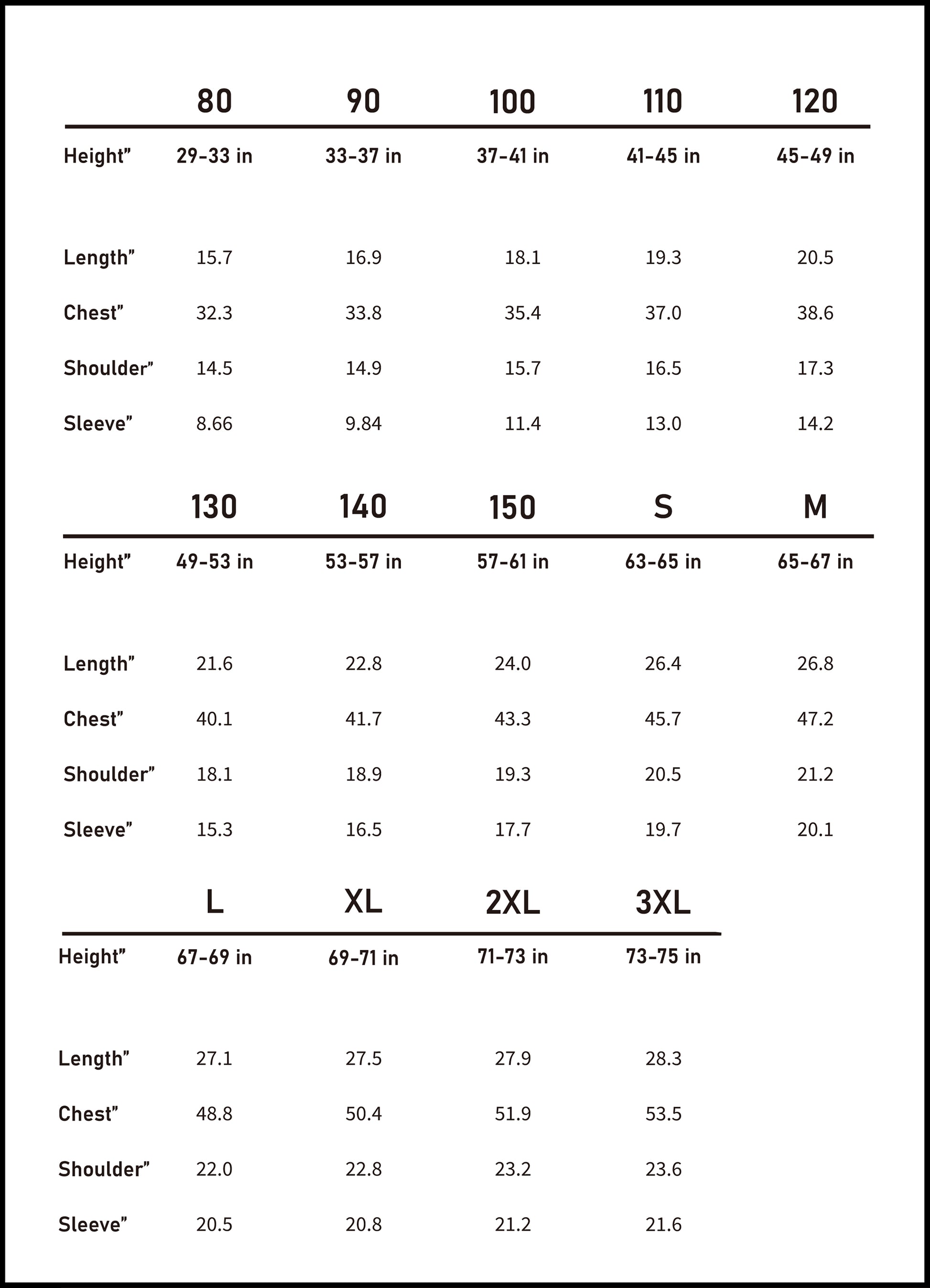 Accurate imperial size chart (inches) to ensure the perfect coordinated fit for all matching family outfits members.