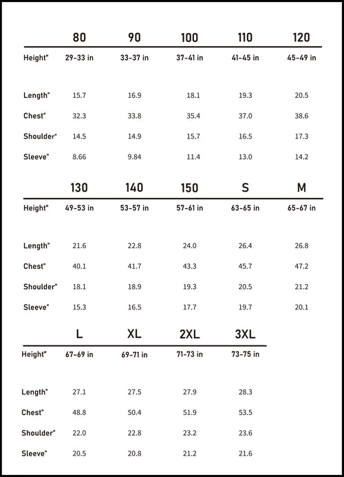 Accurate imperial size chart (inches) to ensure the perfect coordinated fit for all matching family outfits members.