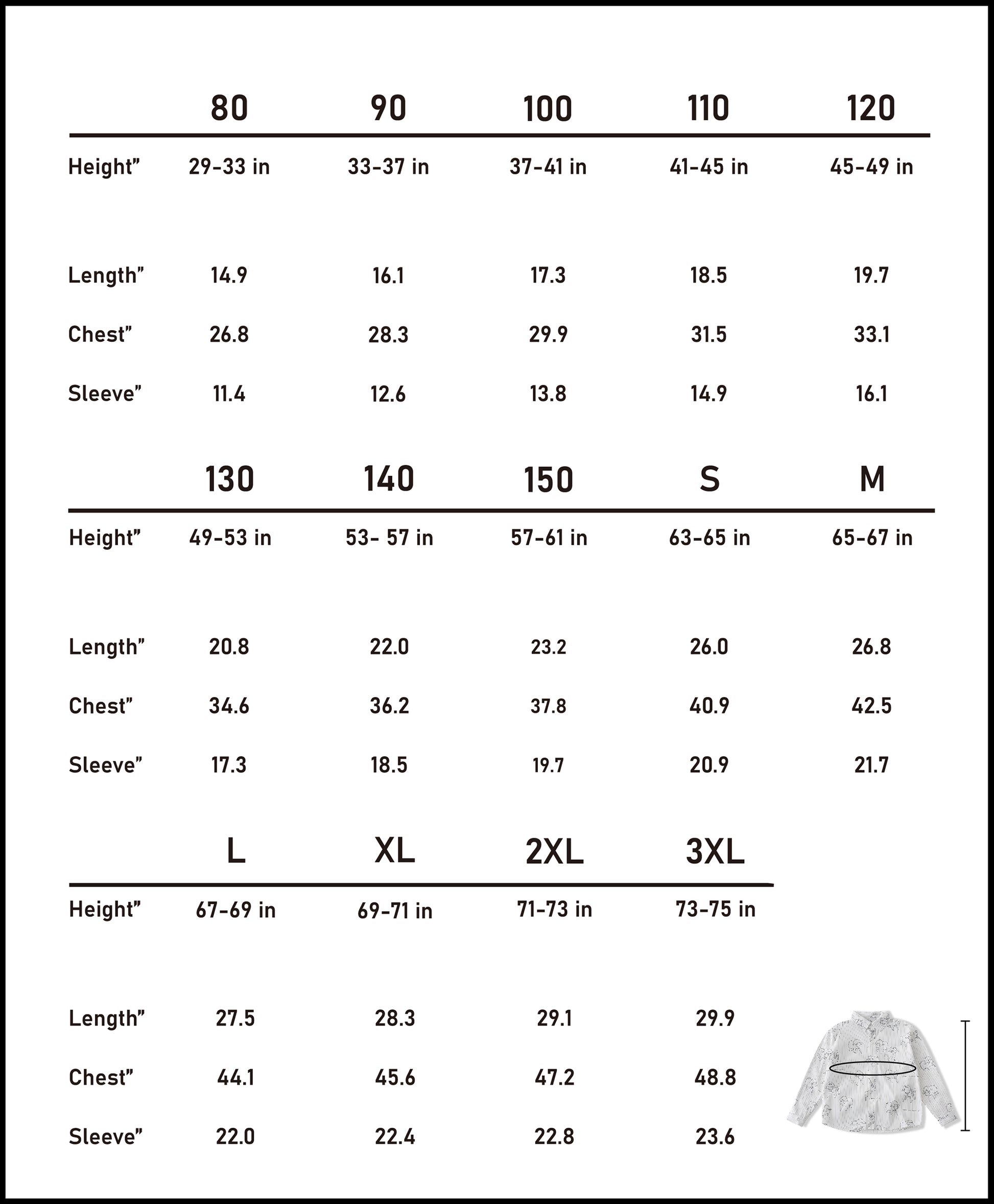 Accurate imperial size chart (inches) to ensure the perfect coordinated fit for all matching family outfits.