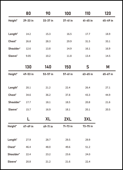 Accurate imperial size chart (inches) to ensure the perfect coordinated fit for all matching family outfits.