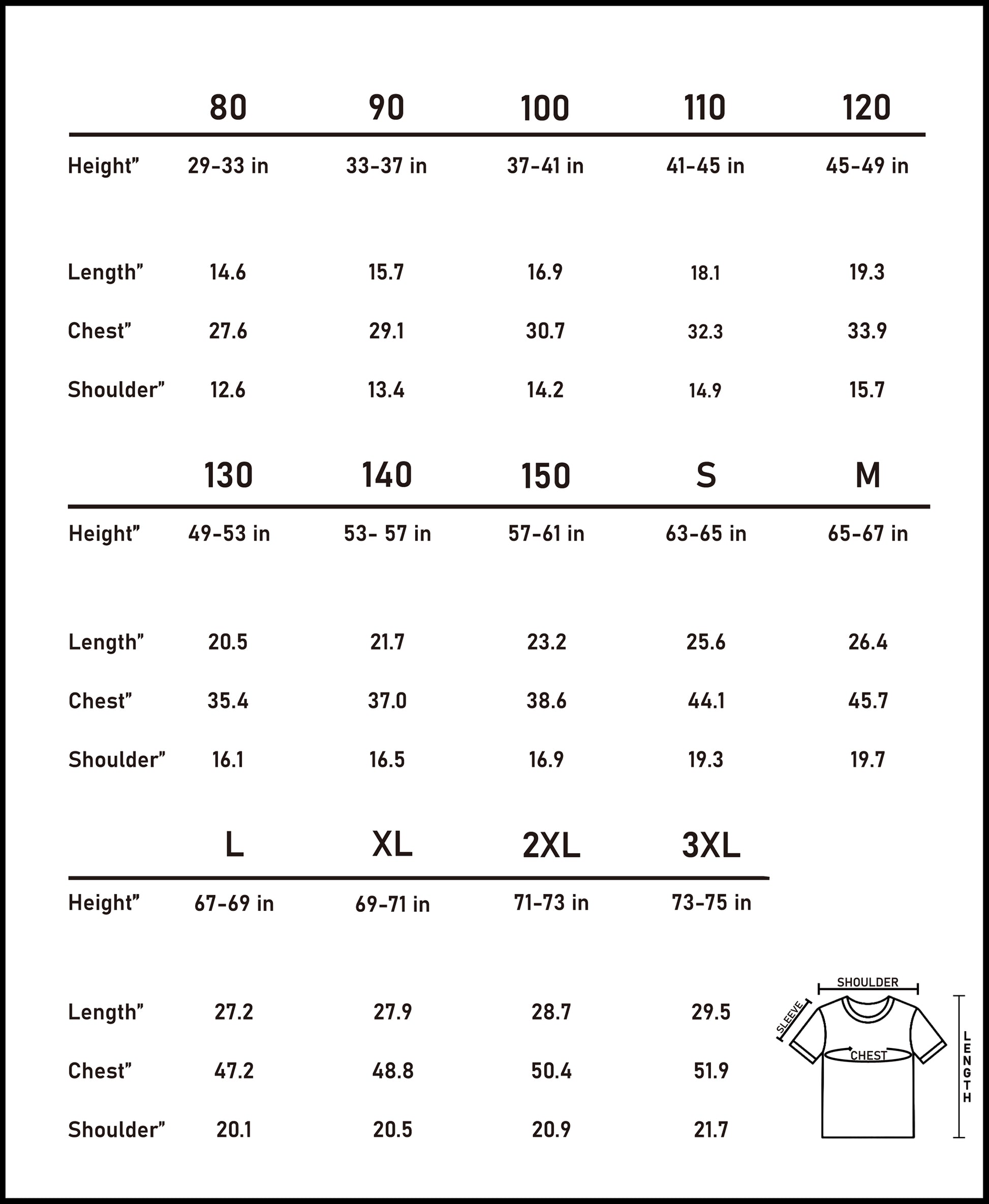Accurate imperial size chart (inches) to ensure the perfect coordinated fit for all matching family members.