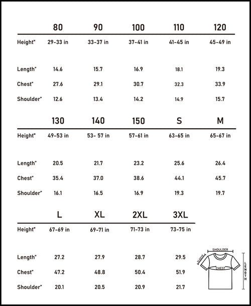 Accurate imperial size chart (inches) to ensure the perfect coordinated fit for all matching family members.