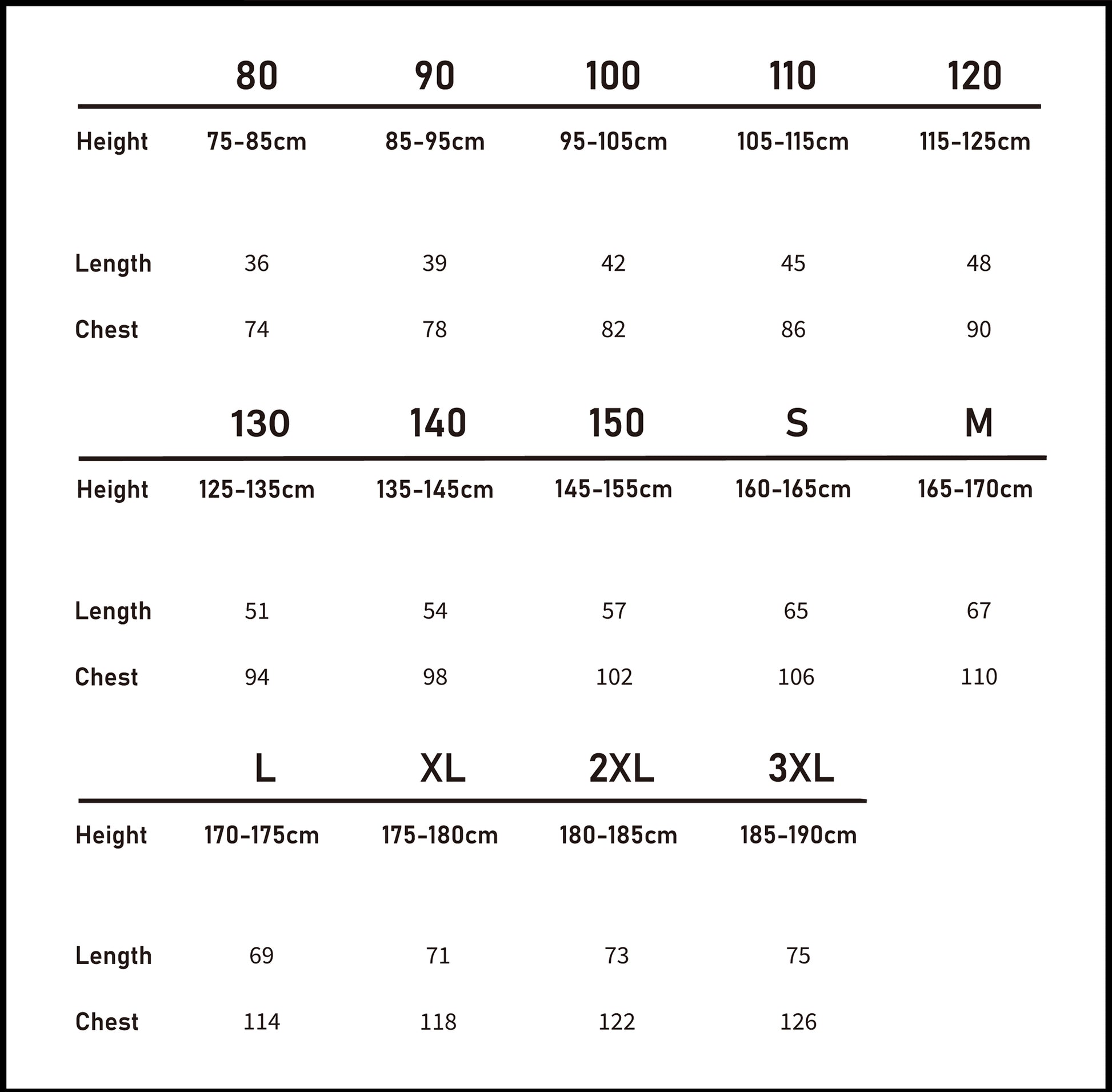 Metric size chart (cm) for the green striped tee in our matching family outfits range (80-3XL).