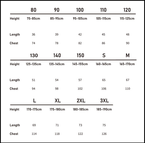 Metric size chart (cm) for the green striped tee in our matching family outfits range (80-3XL).