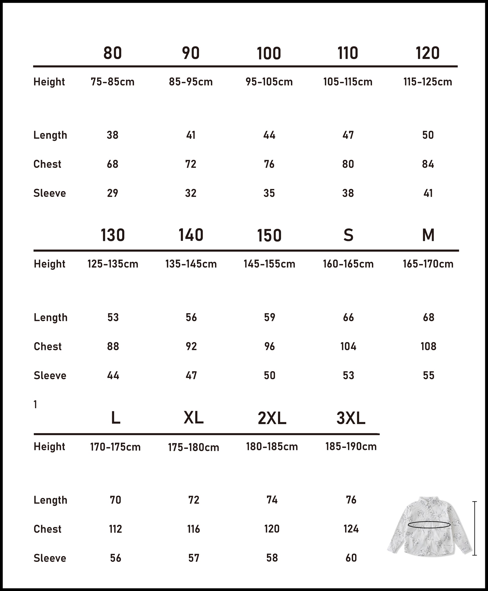Metric size chart (cm) for the sheep print cotton shirt in our matching family outfits range, sizes 80 to 3XL.