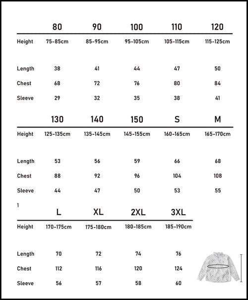 Metric size chart (cm) for the sheep print cotton shirt in our matching family outfits range, sizes 80 to 3XL.