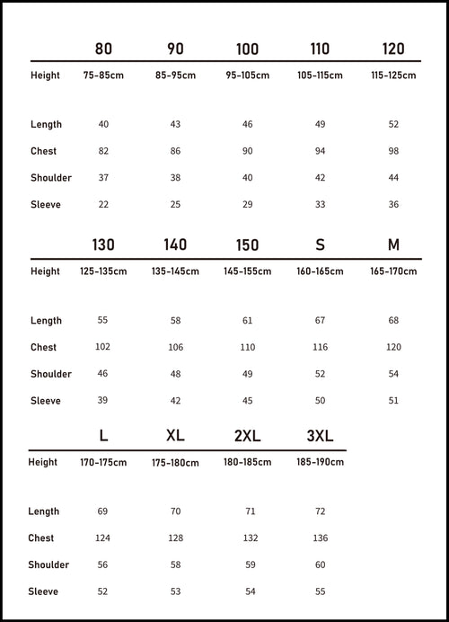 Metric size chart (cm) for the small plaid shirt in our matching family outfits range, covering sizes 80 to 3XL.