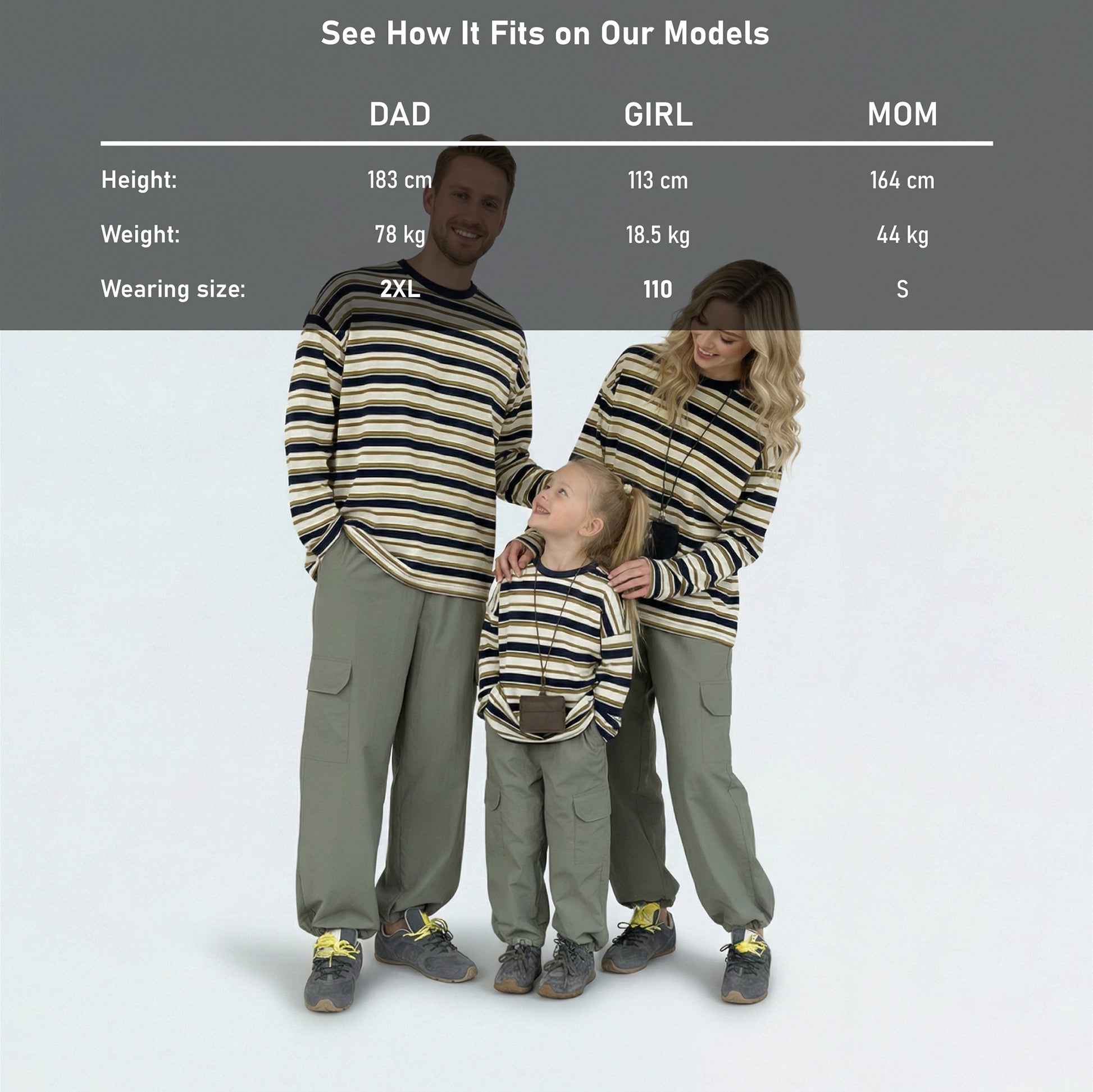 Detailed model size guide for our matching family outfits to find the perfect family fit.
