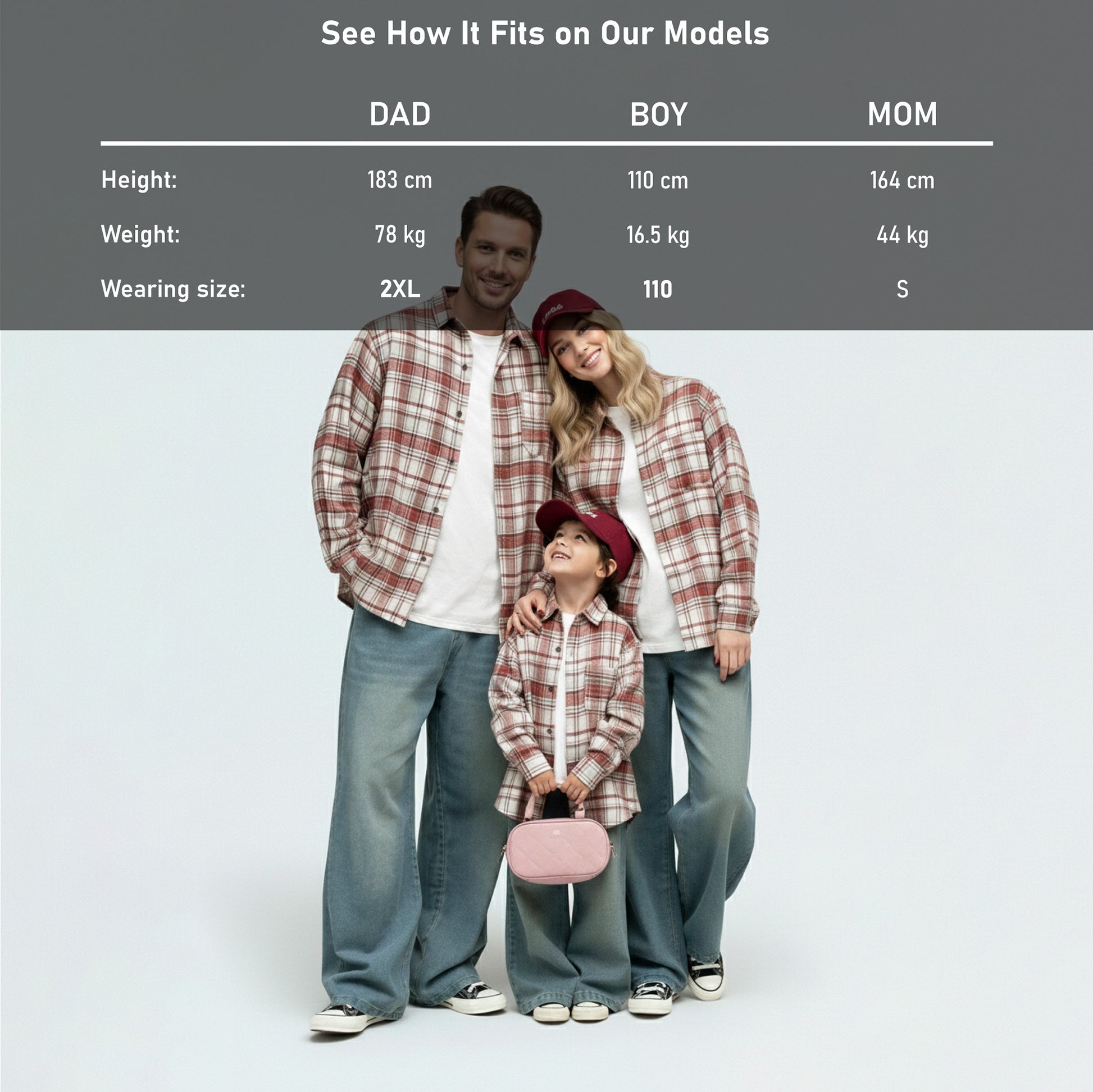 Detailed model height and size guide for our matching family outfits to find the perfect cotton shirt fit.