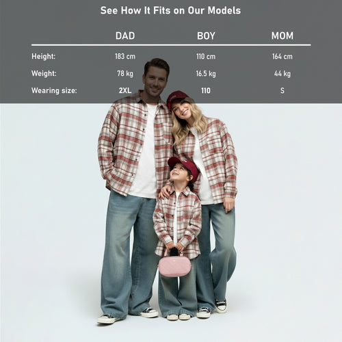 Detailed model height and size guide for our matching family outfits to find the perfect cotton shirt fit.