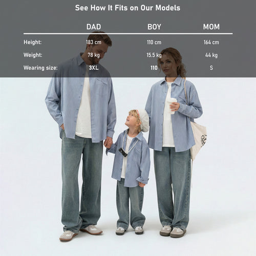 Detailed model height and size guide for our matching family outfits to find the perfect blue striped shirt fit.