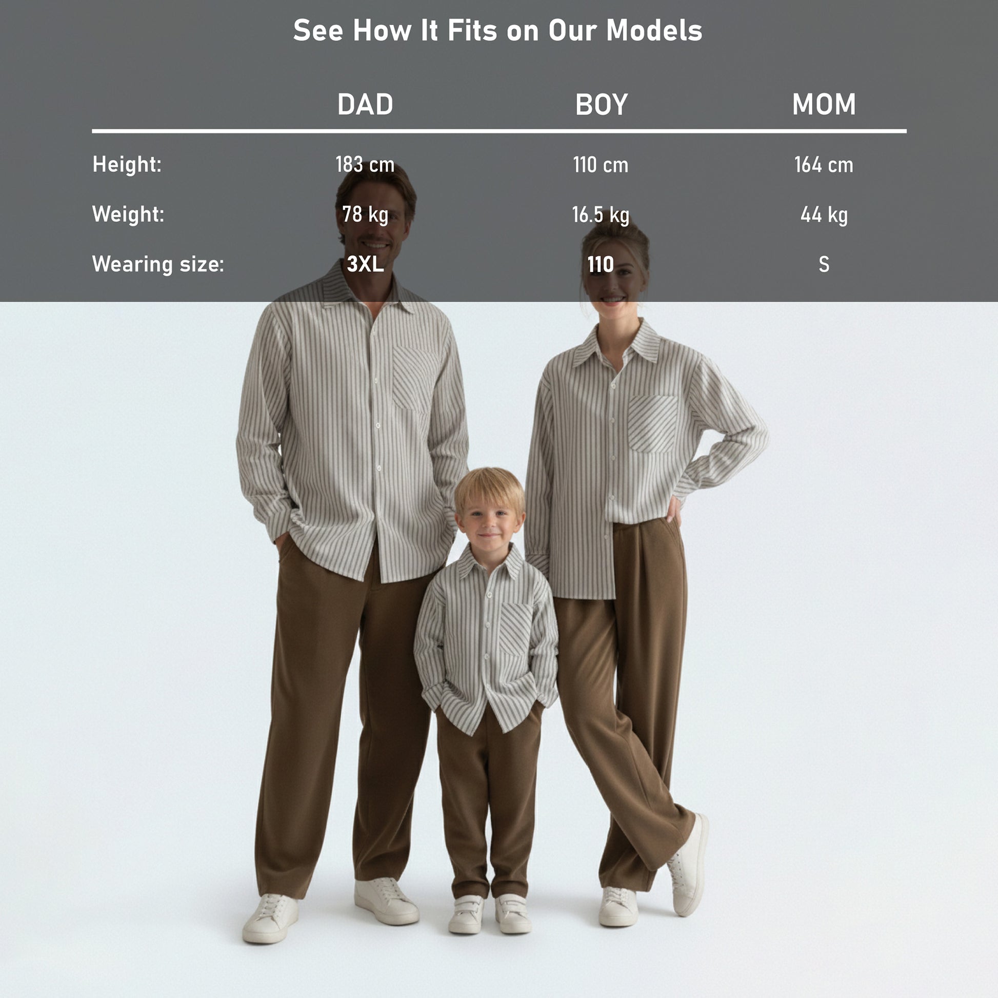 Detailed model height and size guide for our matching family outfits to find the perfect blue striped shirt fit.