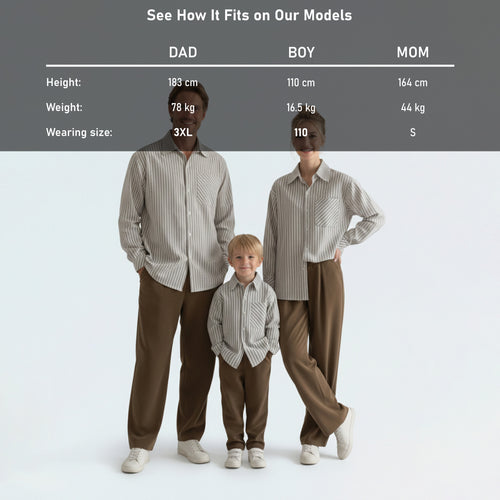 Detailed model height and size guide for our matching family outfits to find the perfect blue striped shirt fit.