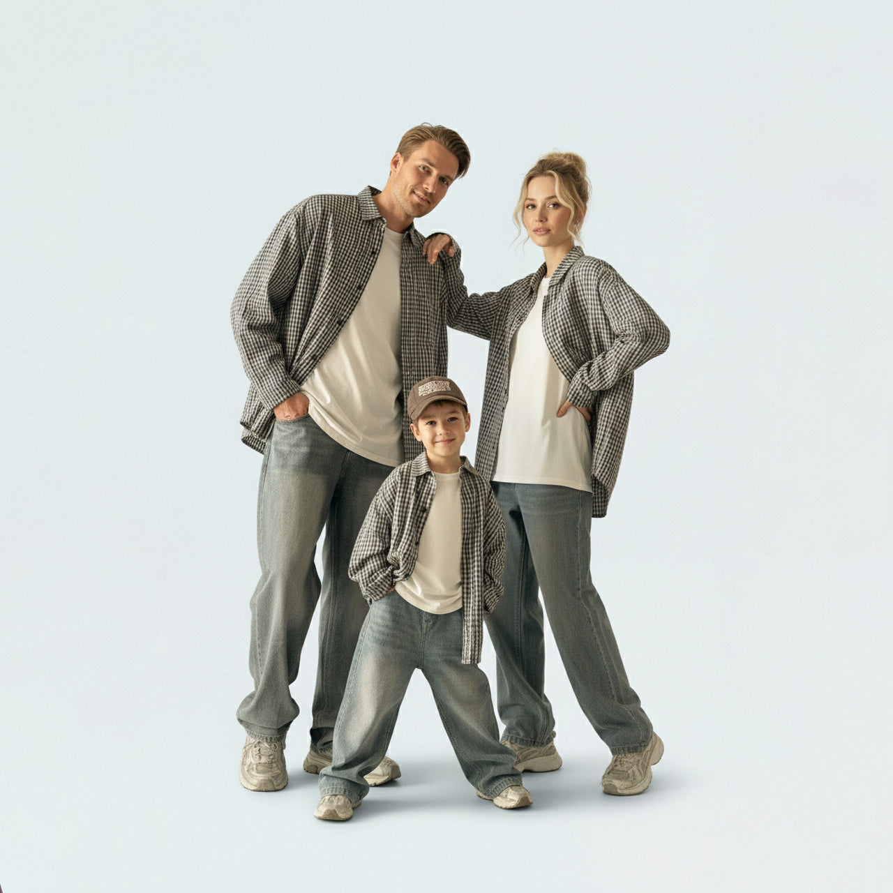 Full family in matching family outfits wearing small grey gingham plaid cotton shirts for a coordinated and stylish look.