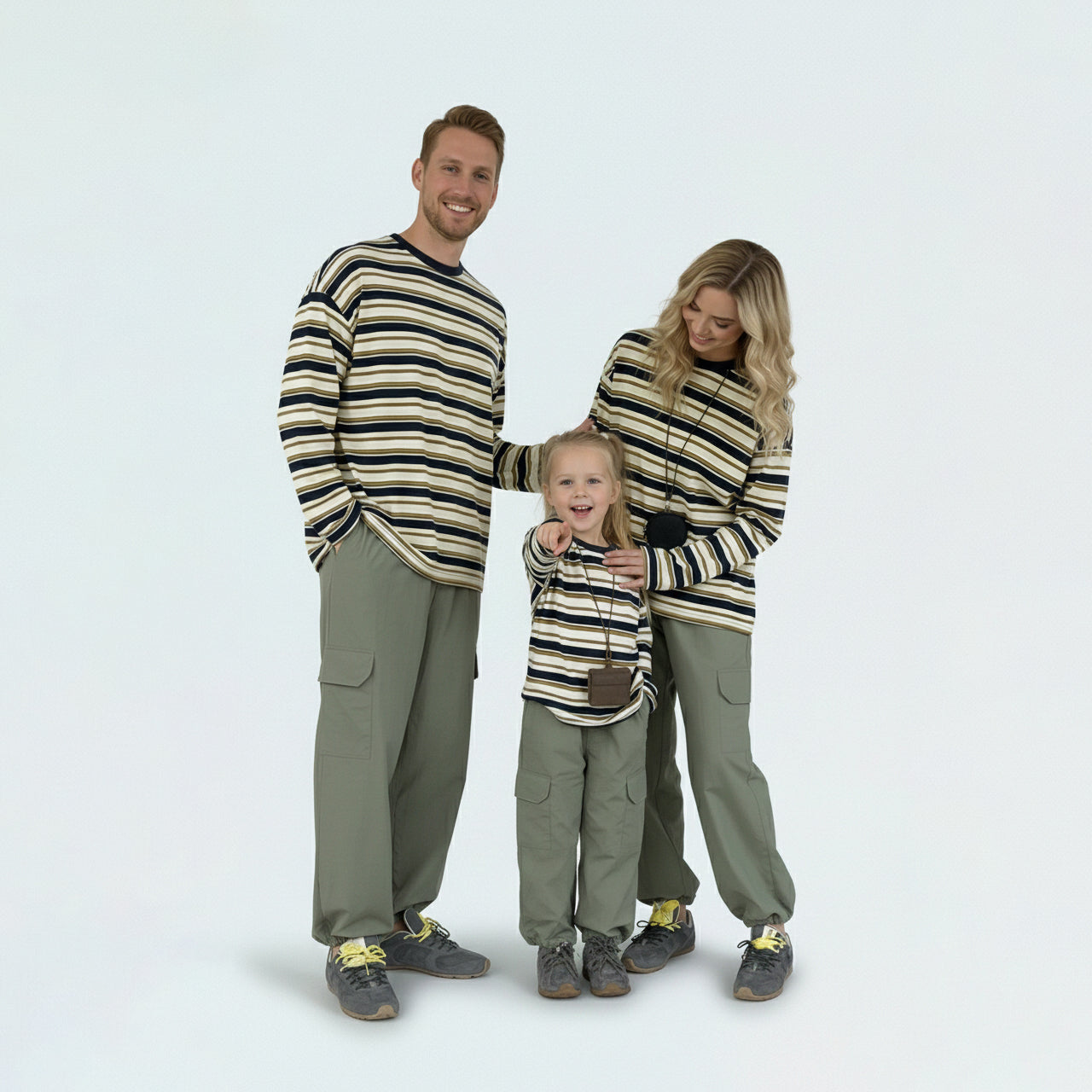 Dad, mom, and child in matching family outfits, perfect for a casual weekend outing in Melbourne.