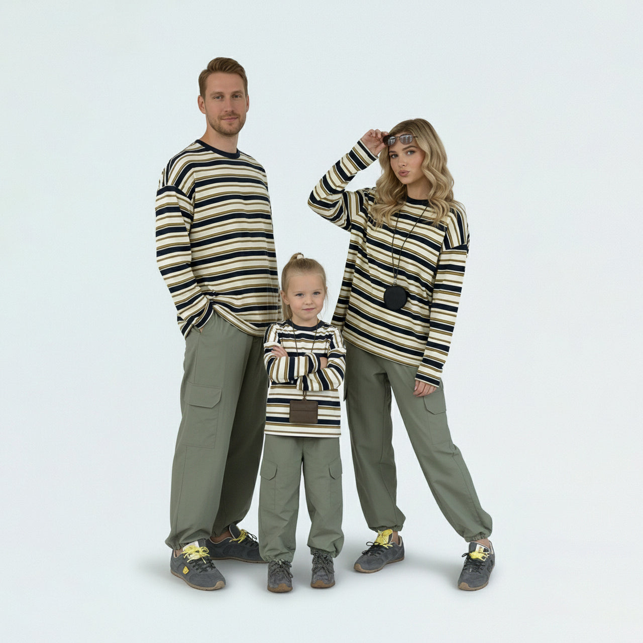 Full family in matching family outfits wearing contrast striped long sleeve tees for a coordinated spring look.