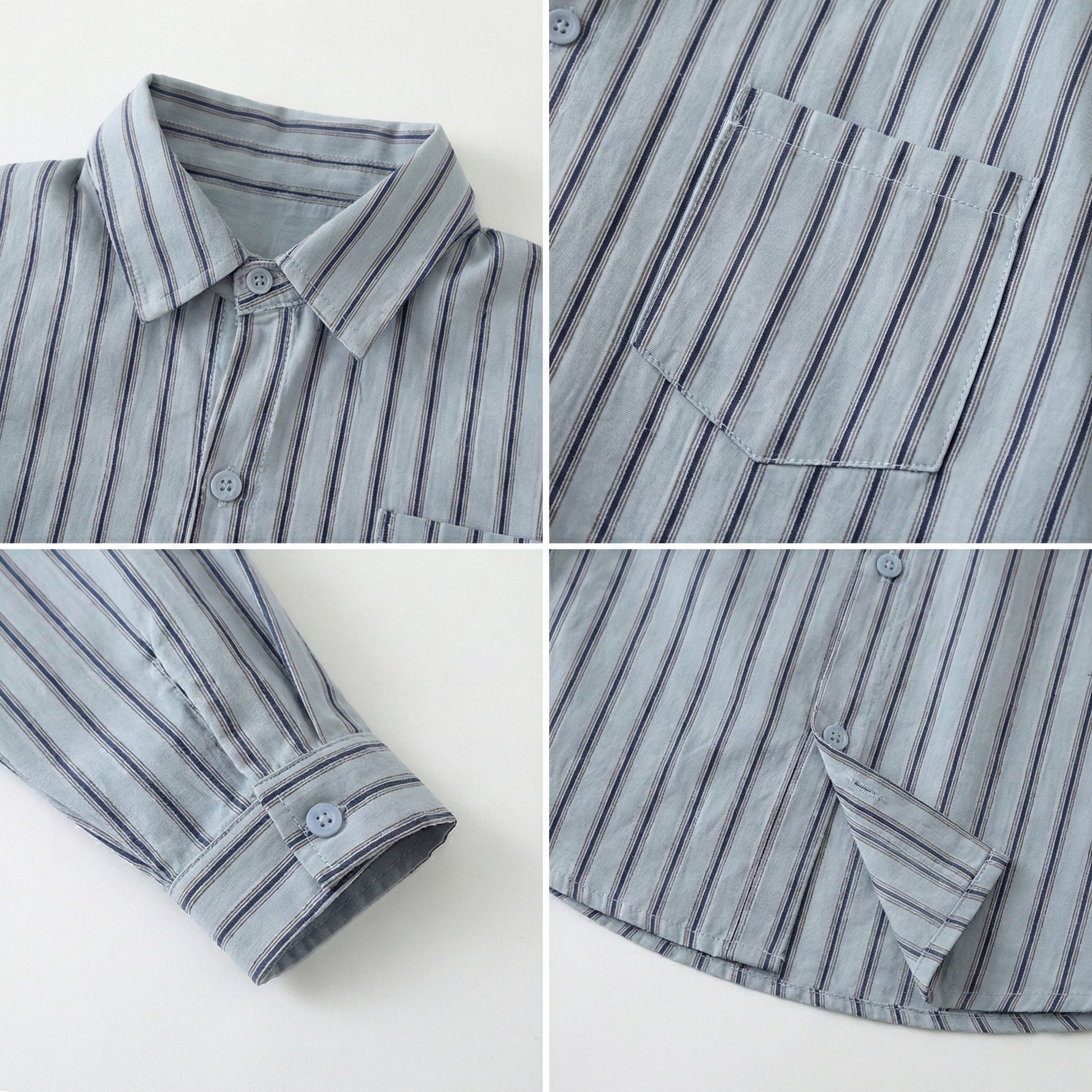 Close-up of the classic lapel and exquisite button details on our premium striped matching family outfits.