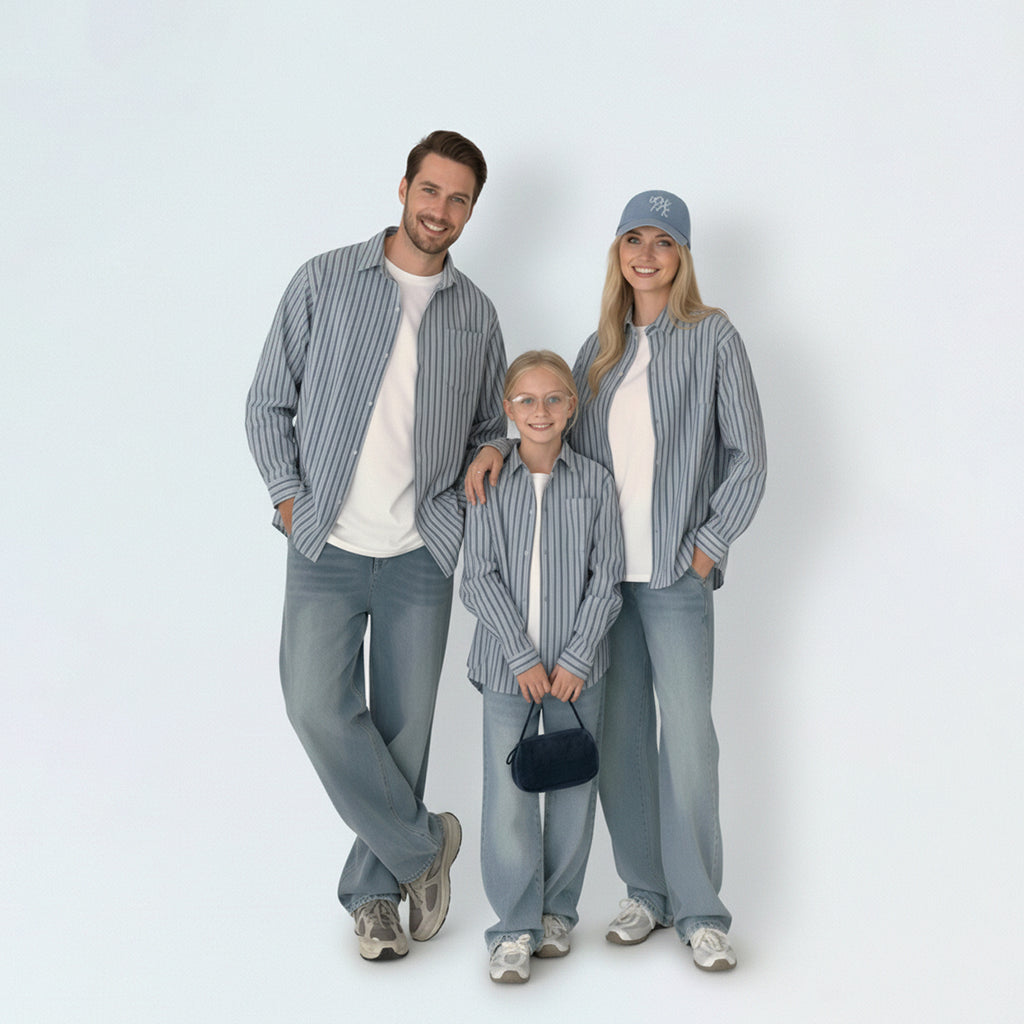 Photo-ready family in matching family outfits, ideal for professional family photography or a beach day in Australia.