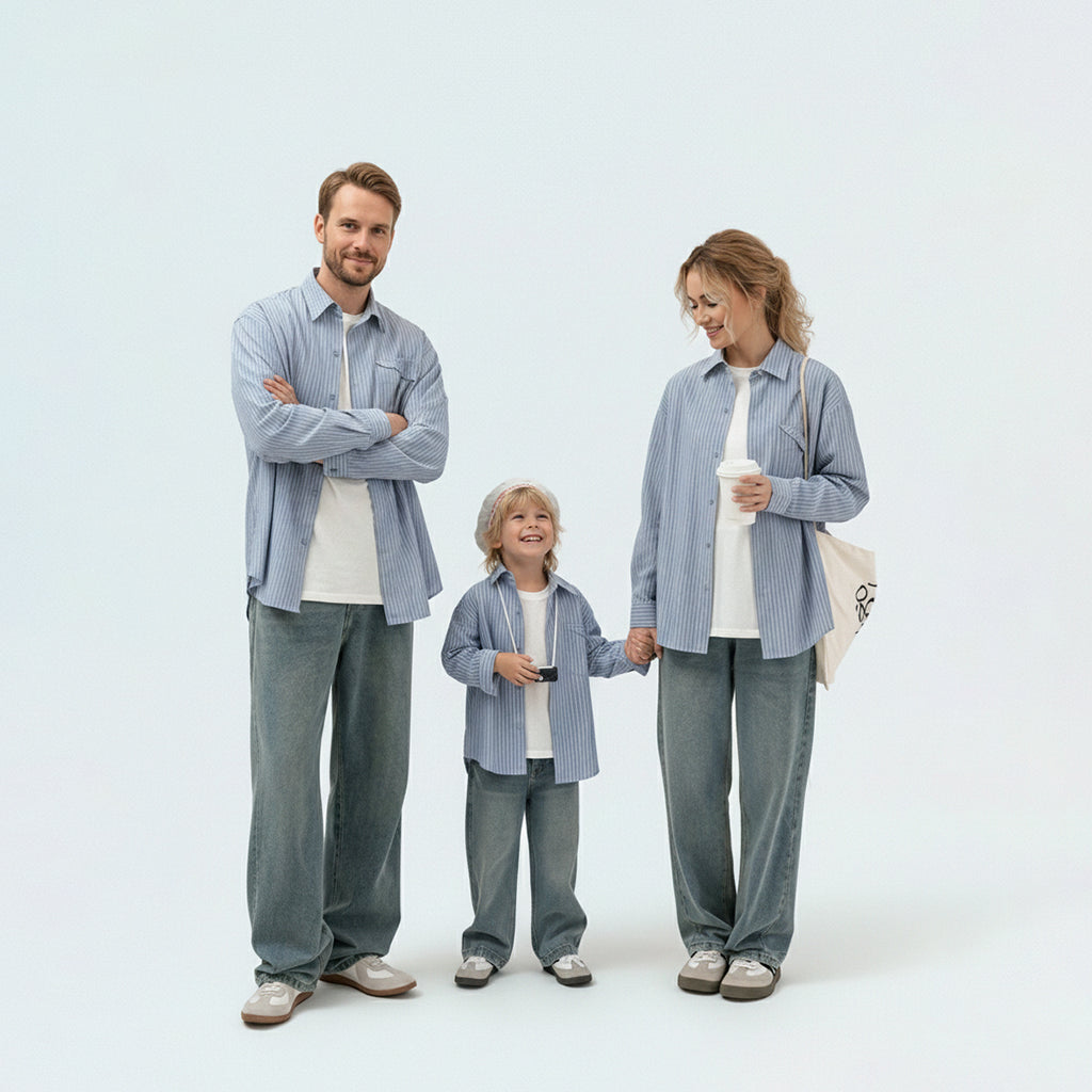 Photo-ready family in matching family outfits, ideal for coordinated travel portraits or festive reunions worldwide.