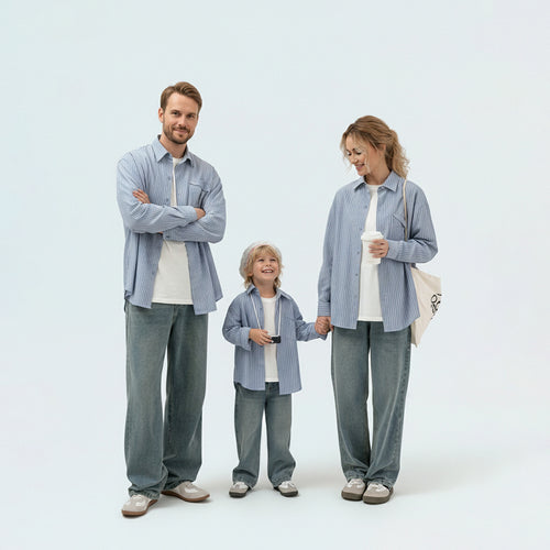Photo-ready family in matching family outfits, ideal for coordinated travel portraits or festive reunions worldwide.