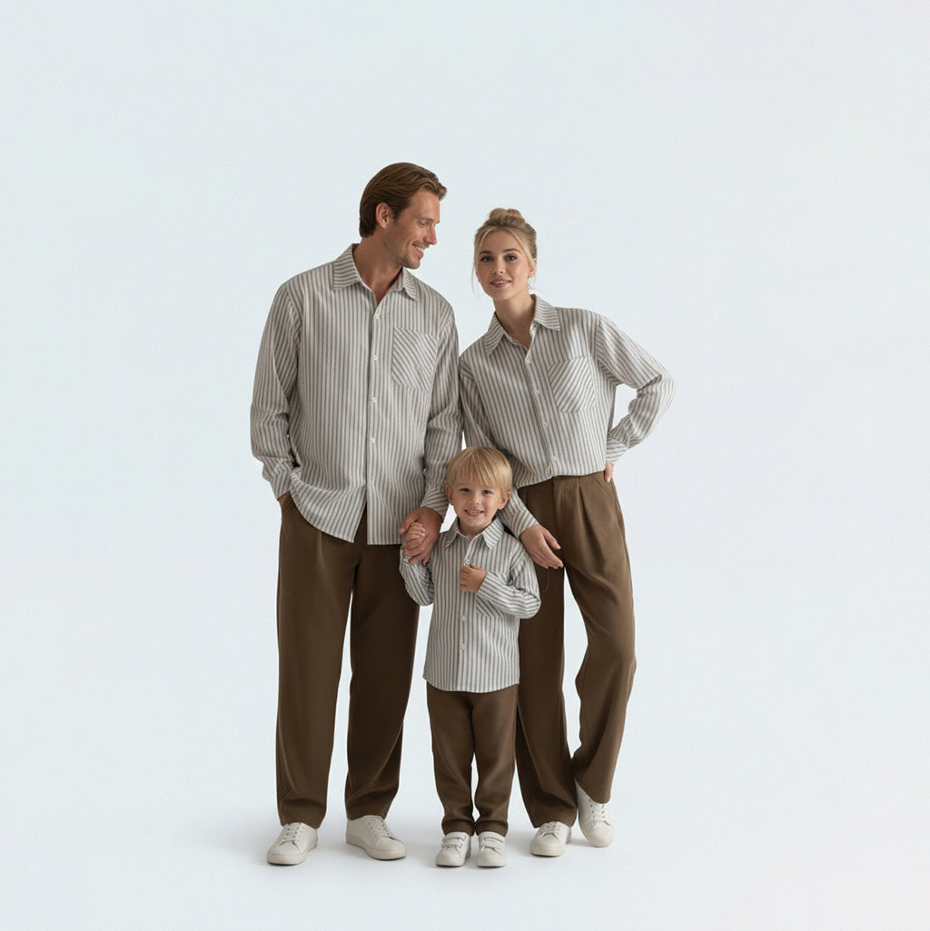 Photo-ready family in matching family outfits, ideal for coordinated travel portraits or casual weekend gatherings worldwide.