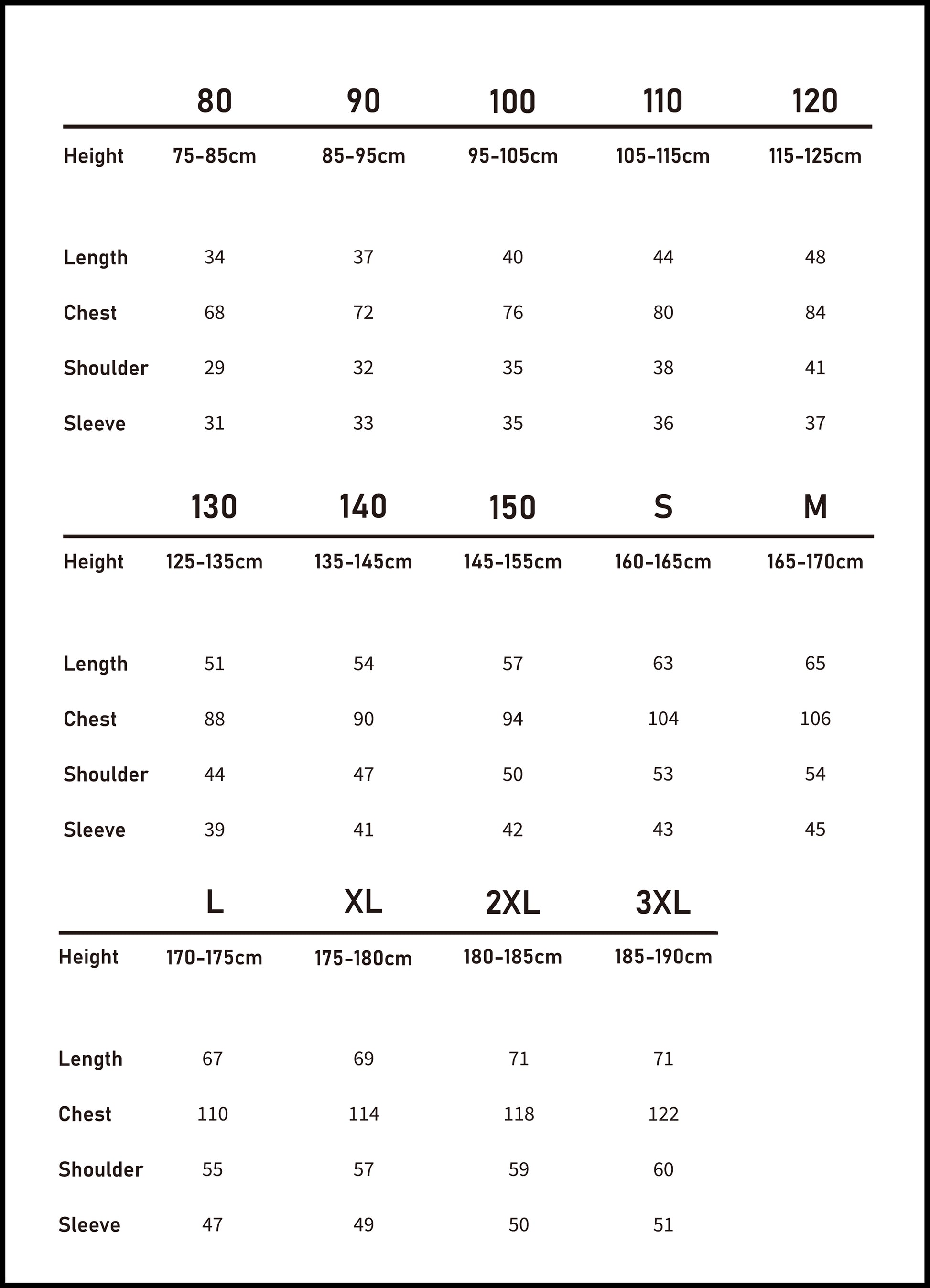 Detailed metric size chart (cm) for the striped cotton shirt in our matching family outfits range (80-3XL).