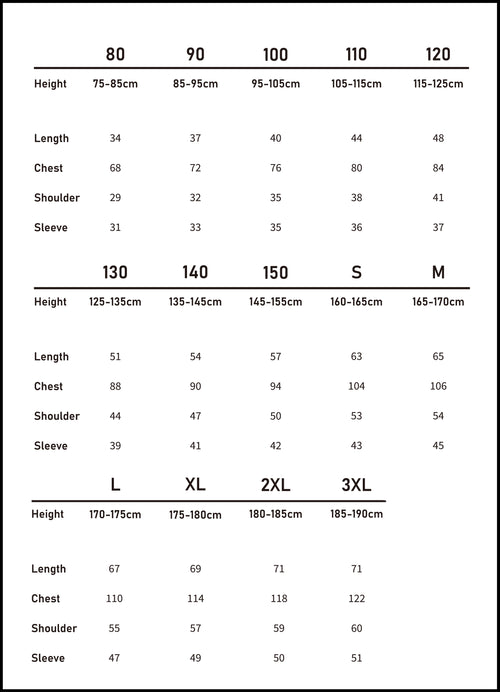 Detailed metric size chart (cm) for the striped cotton shirt in our matching family outfits range (80-3XL).