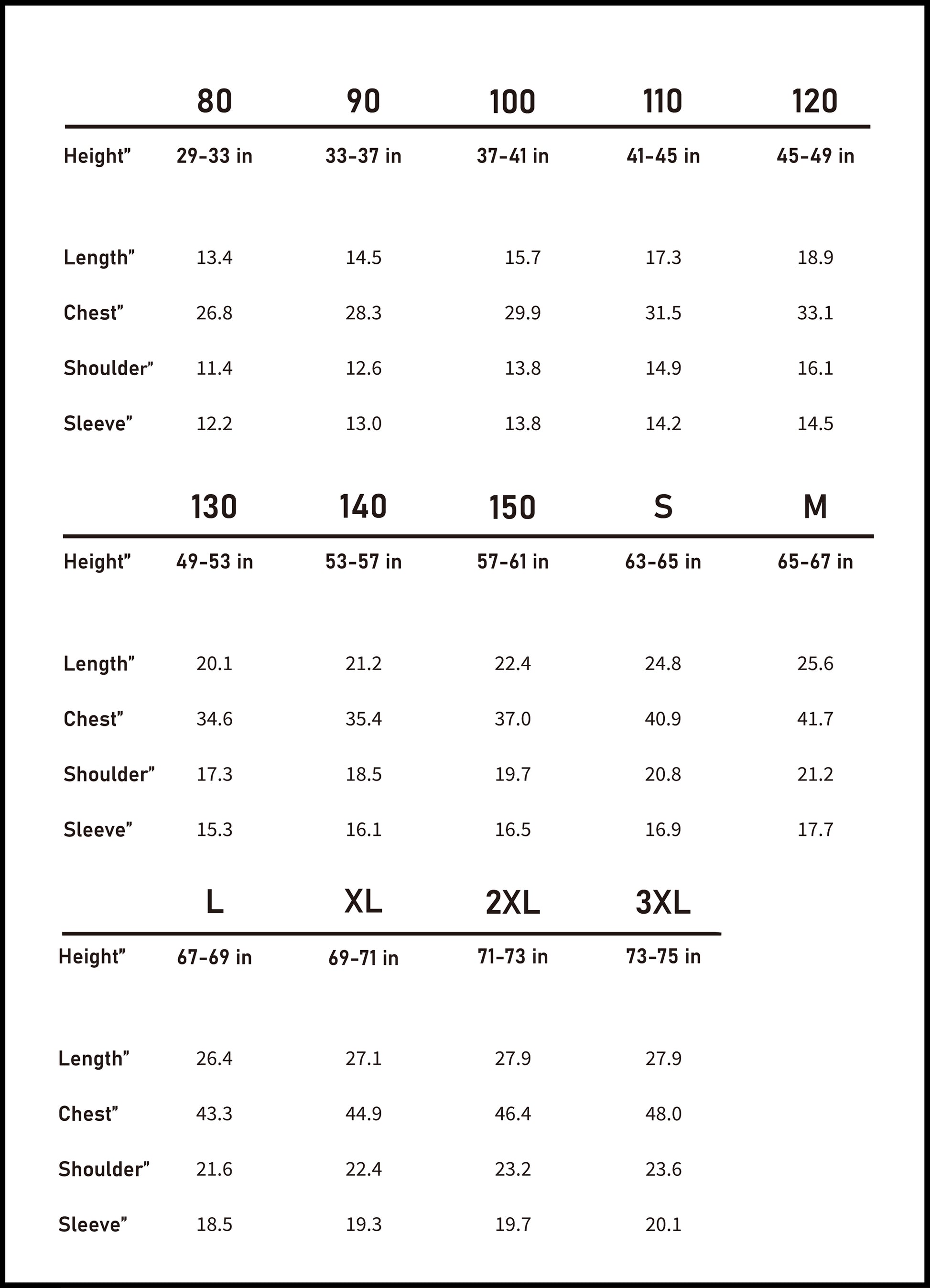 Accurate imperial size chart (inches) to ensure the perfect coordinated fit for all matching family outfits.