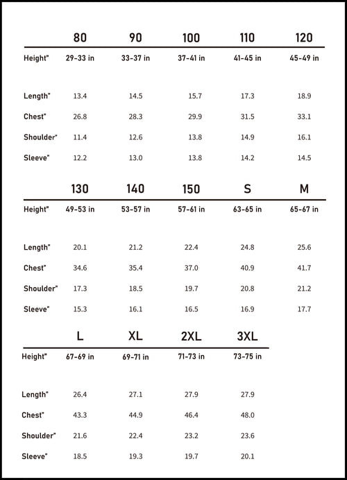 Accurate imperial size chart (inches) to ensure the perfect coordinated fit for all matching family outfits.