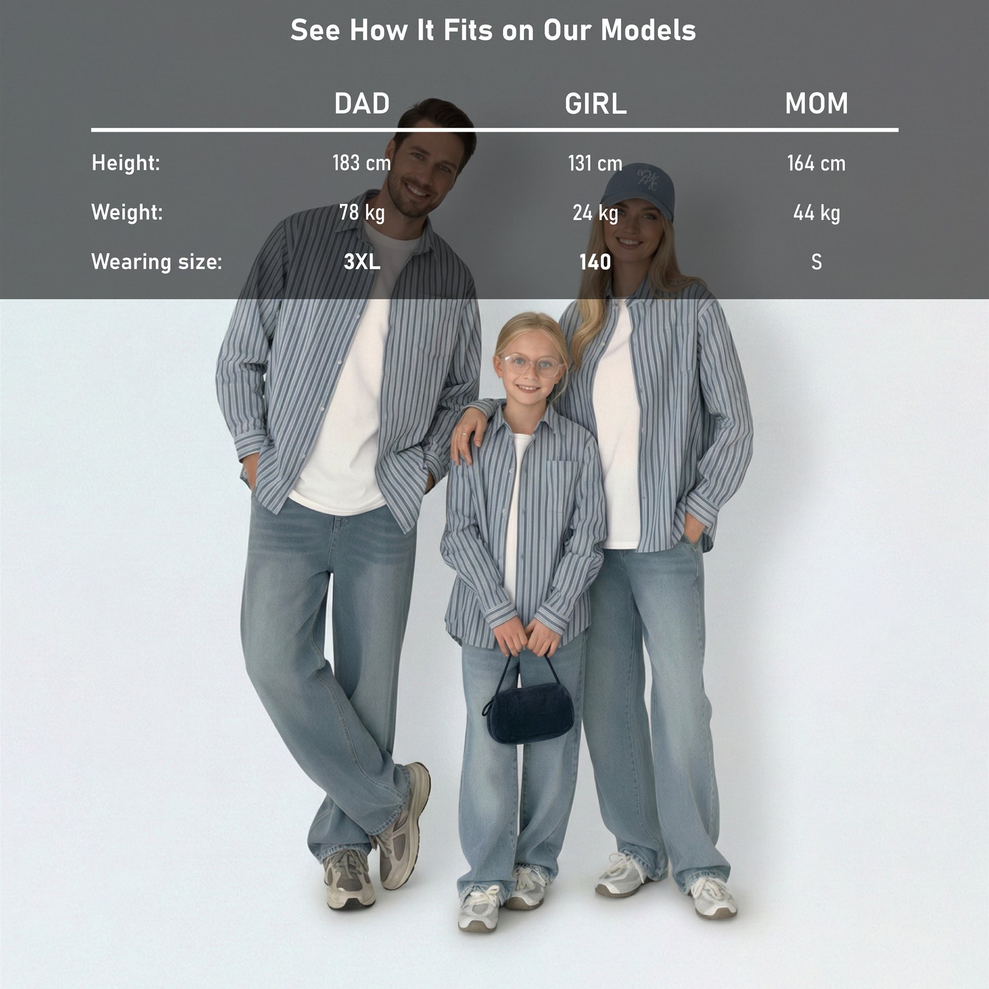 Detailed model height and size guide for our matching family outfits to find the perfect cotton shirt fit.