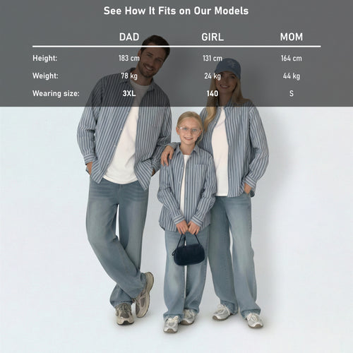 Detailed model height and size guide for our matching family outfits to find the perfect cotton shirt fit.