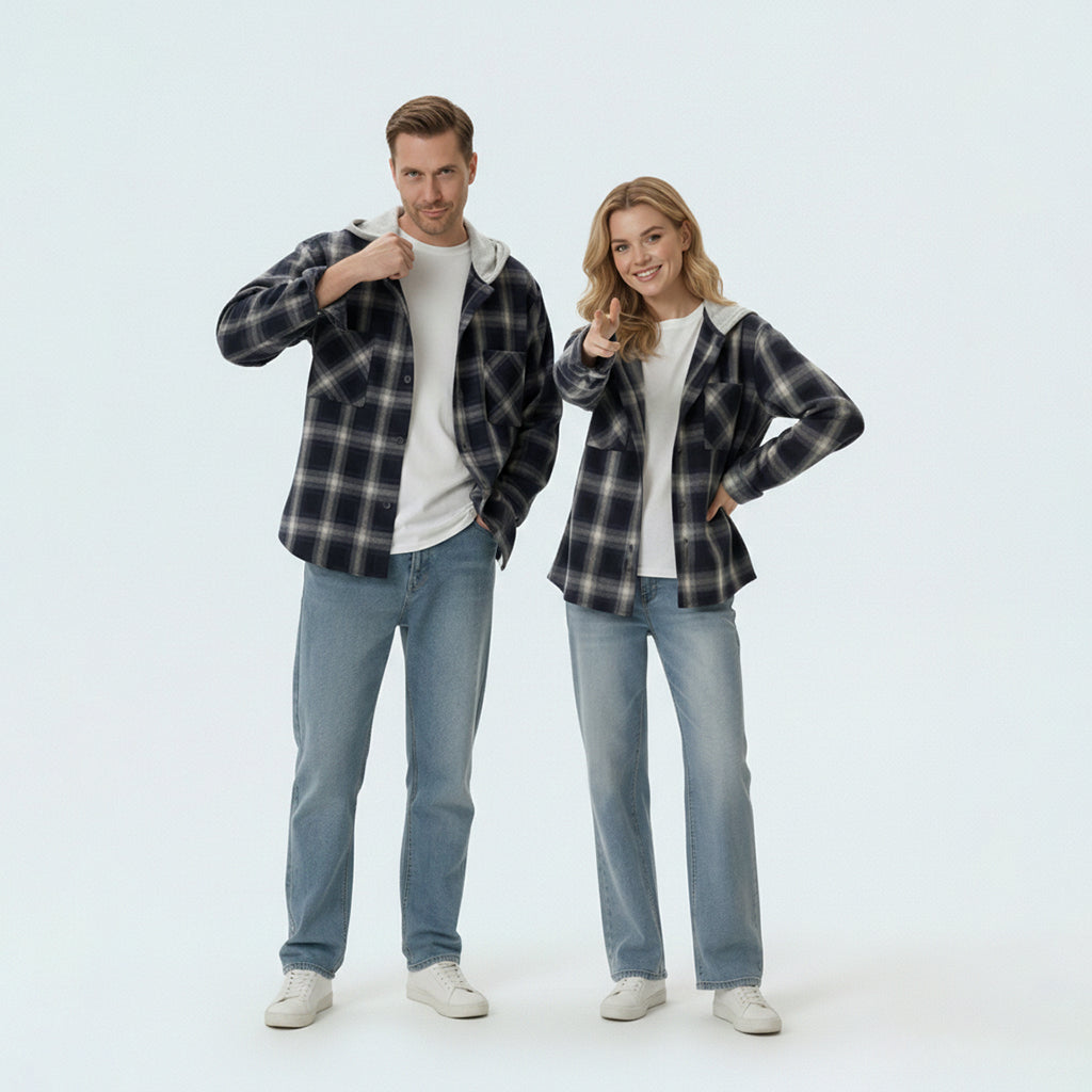 Parents in coordinated matching family outfits featuring the unisex retro plaid hooded shirt jacket for a relaxed vibe.