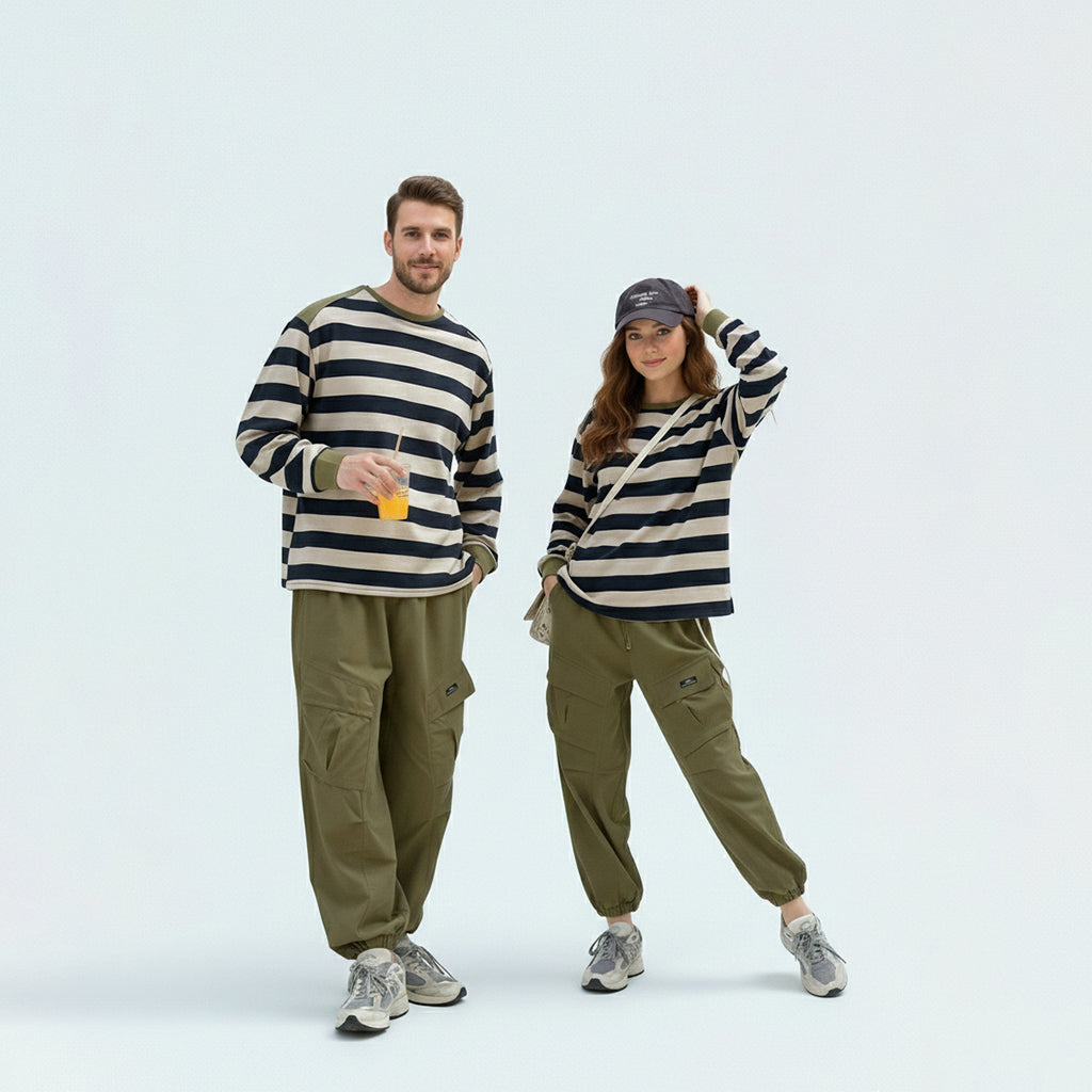 Mother and son in matching family outfits, showcasing the mini-me Japanese striped tee style.