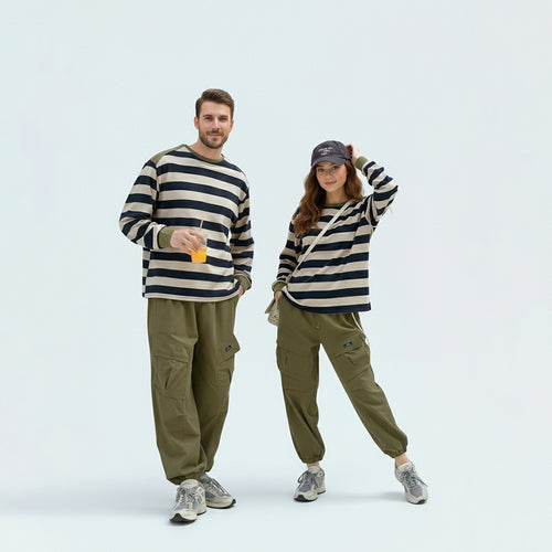 Mother and son in matching family outfits, showcasing the mini-me Japanese striped tee style.
