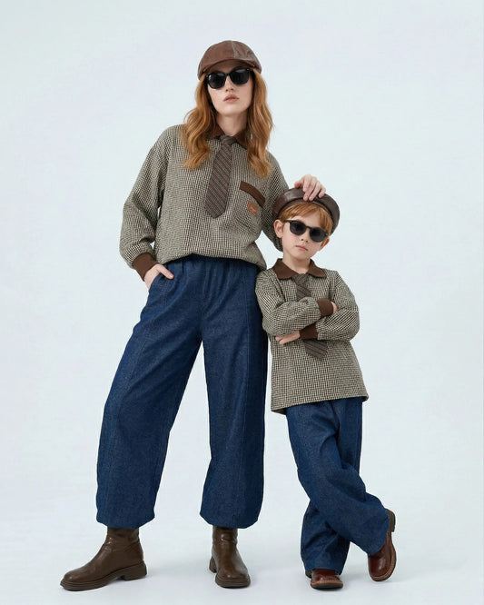 Mother and son posing in preppy plaid streetwear polo shirts with ties ALIGN 26 collection Melbourne brand.