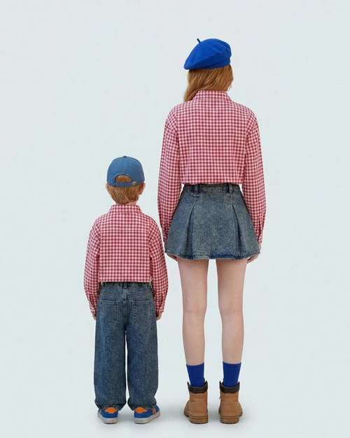 Back view of mommy and me red gingham shirts showing high-quality cotton fabric Melbourne-based brand.