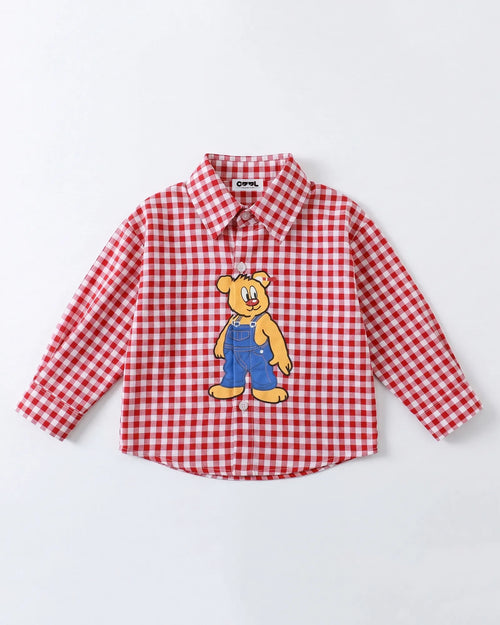 Flat lay of red gingham 100 percent cotton shirt with cartoon bear print detail Melbourne brand.