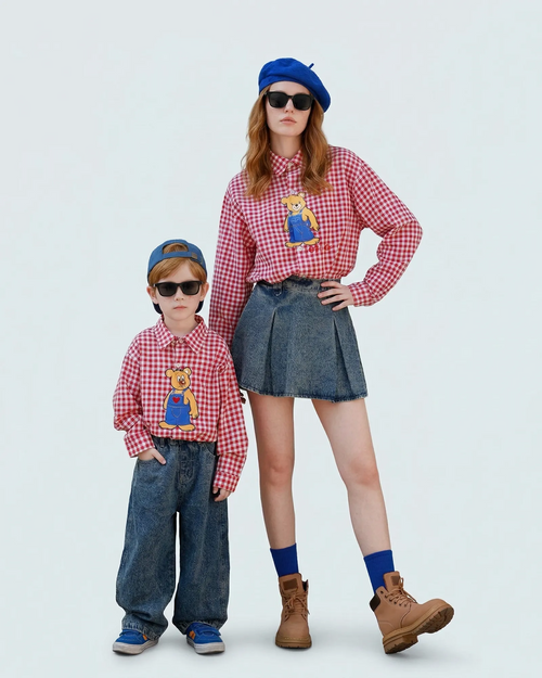 Mommy and me outfits Cool Family Outfit ALIGN 26 red gingham cotton shirt Melbourne brand front view.