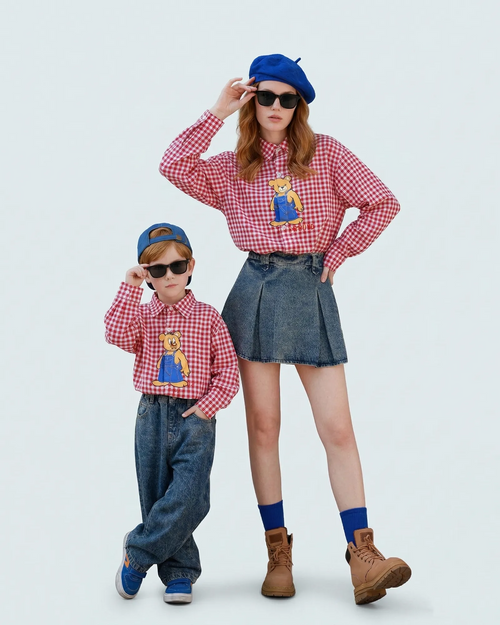 Mother and son posing in red gingham matching outfits solving the mother-son style gap Melbourne brand.