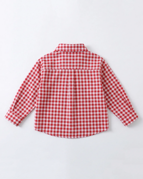 Reverse flat lay of mommy and me red gingham shirt showing neat tailoring and seams.