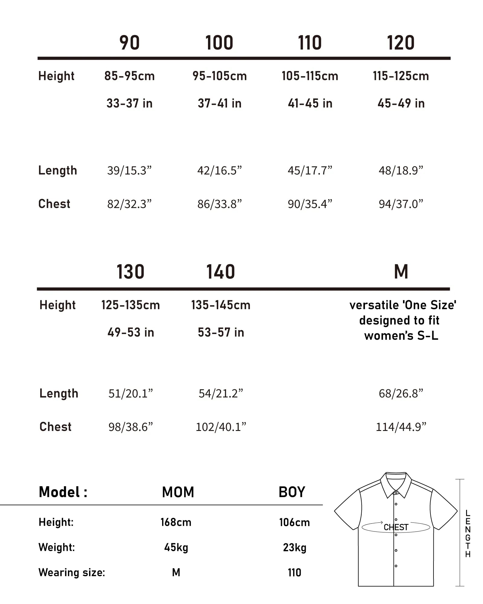 Size chart for mommy and me red gingham shirts in cm and inches including mom and kid sizes Melbourne brand.