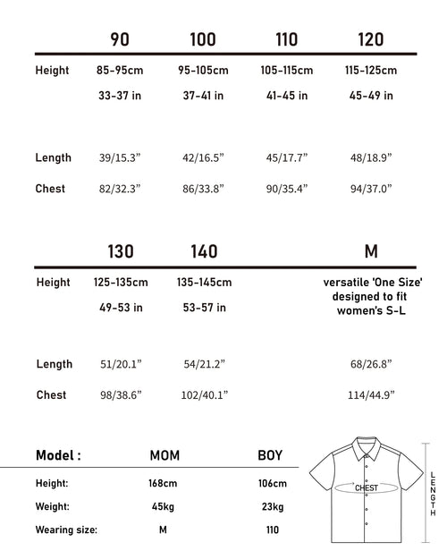 Size chart for mommy and me red gingham shirts in cm and inches including mom and kid sizes Melbourne brand.