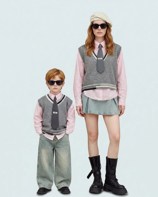 Matching mother and son wearing grey cotton knitted vests in Melbourne preppy style.