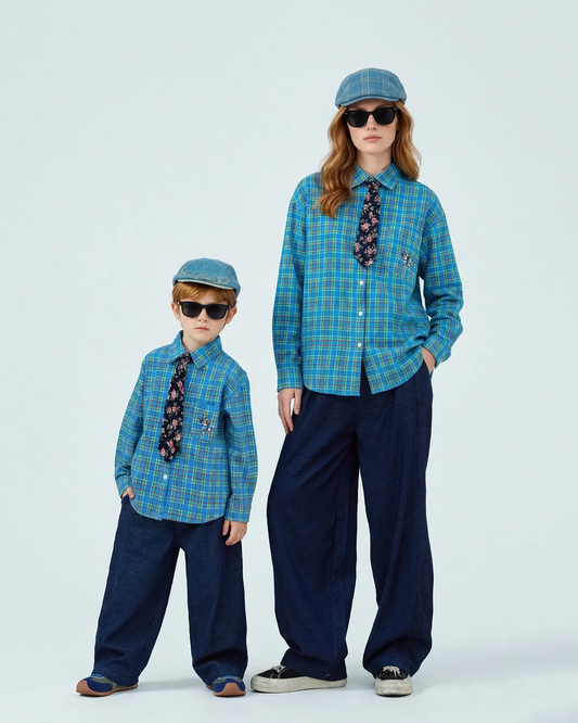 Mommy and me outfits Cool Family Outfit ALIGN 26 Korean retro blue plaid shirt Melbourne brand front view.