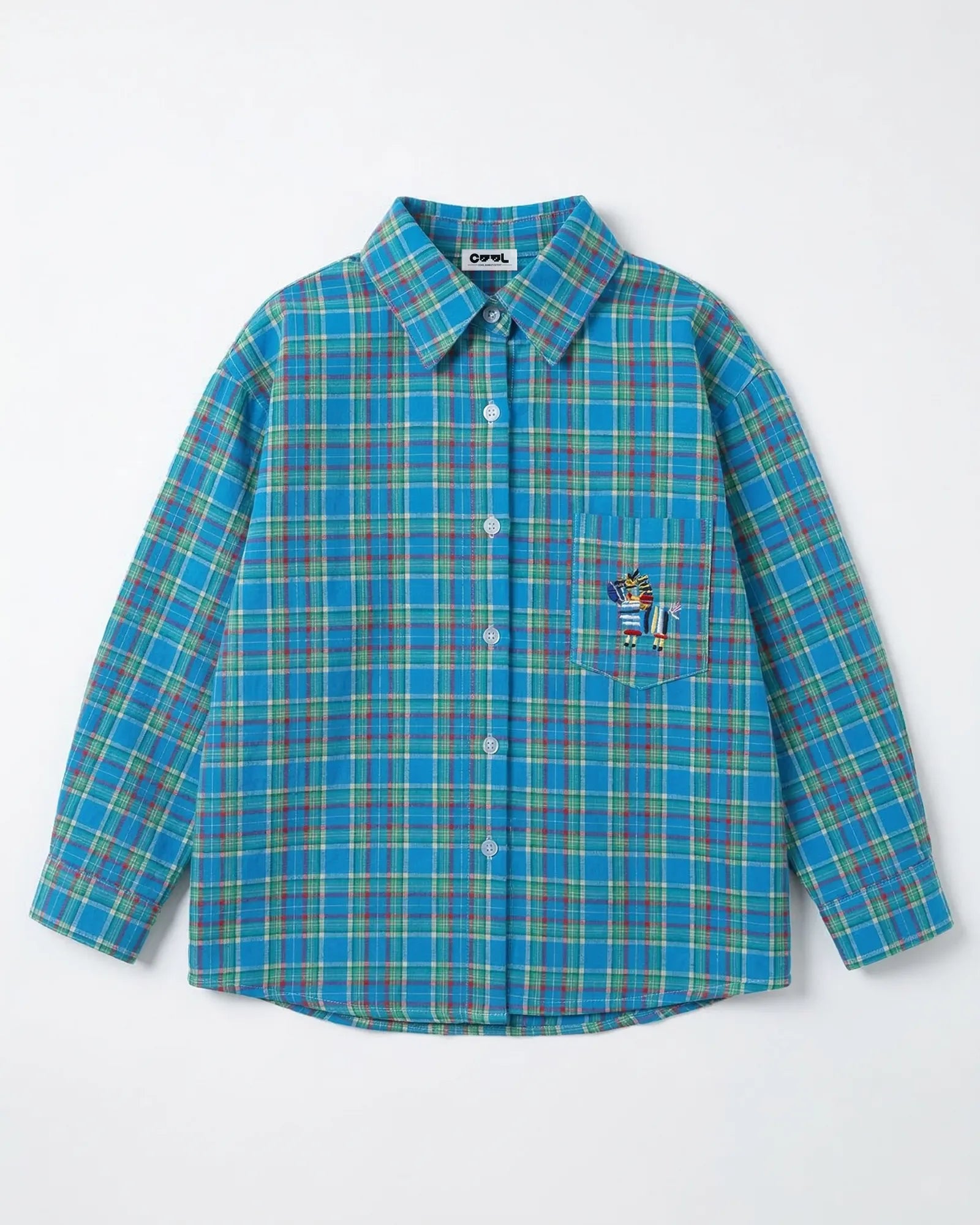 Flat lay of ALIGN 26 blue Korean plaid cotton shirt with detachable floral tie and zebra embroidery detail Melbourne brand.